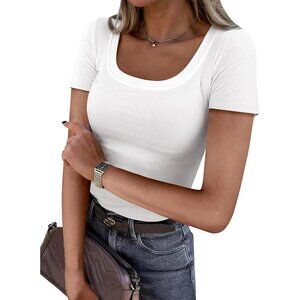 Women's T-Shirt White Short Sleeve Scoop Neck Casual Ribbed Knitted Slim Fit
